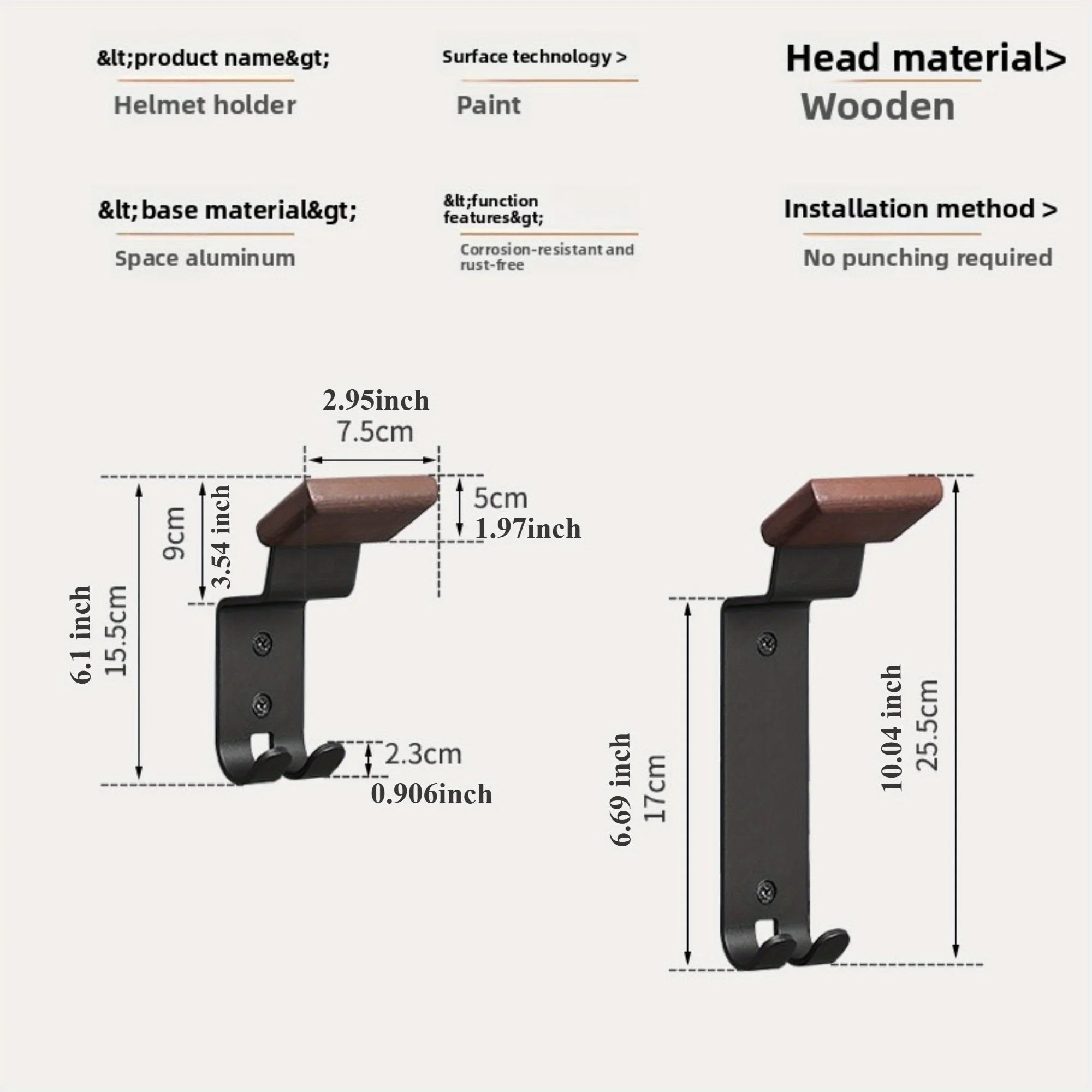 Drill-Mount Motorhelm Wandhouder – Houten Headrest & Carbon Staal Frame